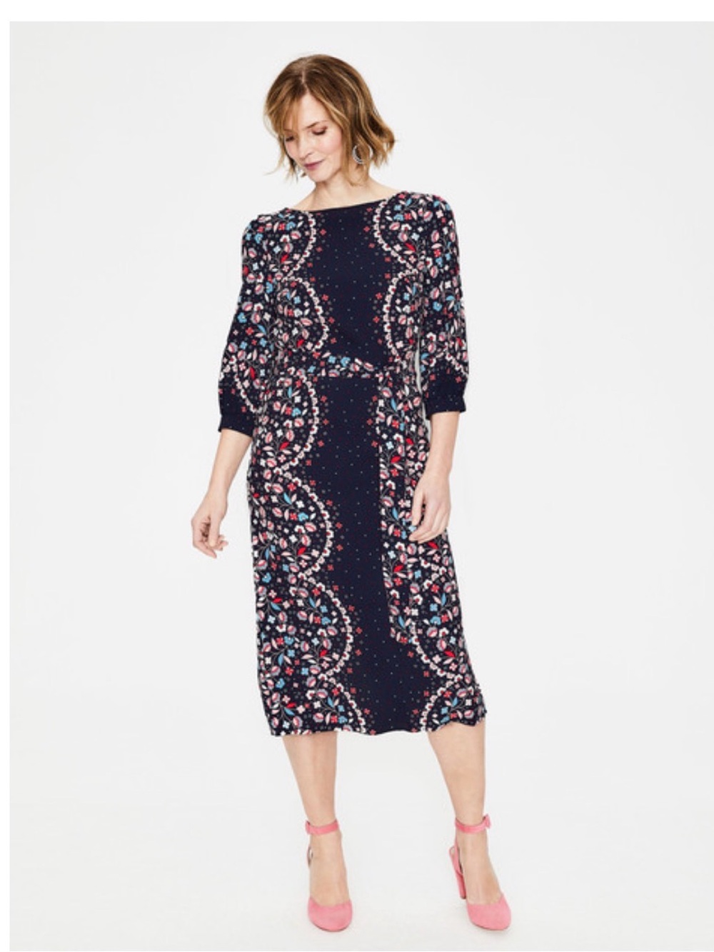 Boden Ferne Navy Floral Midi Dress with Tie Waist - Picture 2 of 10